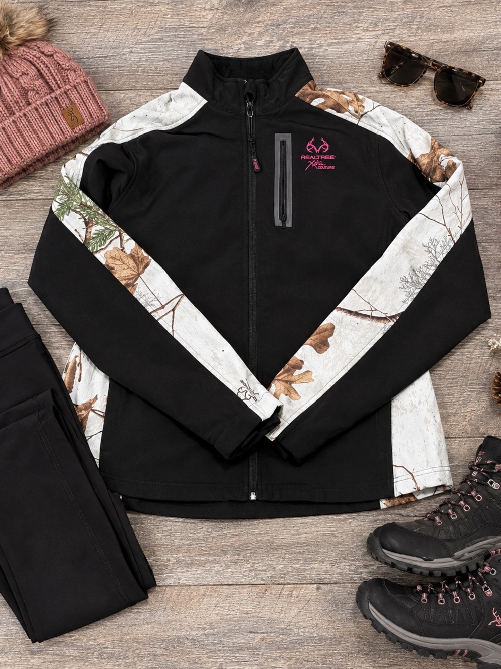 Realtree Black Softshell Jacket with White Camo Panels and Pink Logo